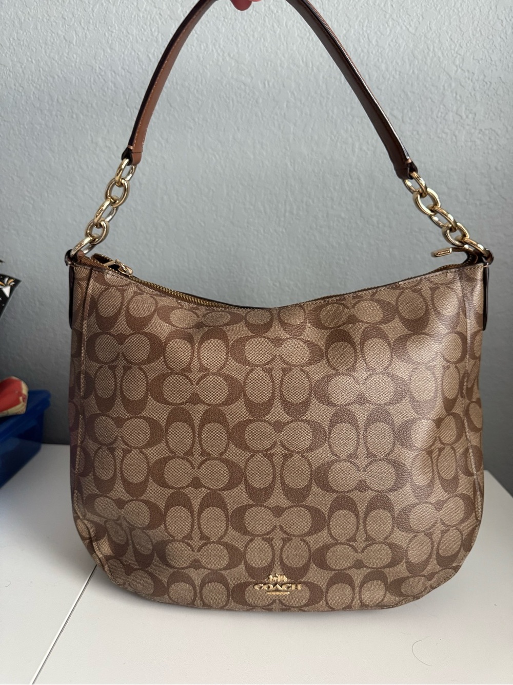 Coach Brown Signature Canvas Hobo with Gold Hardware